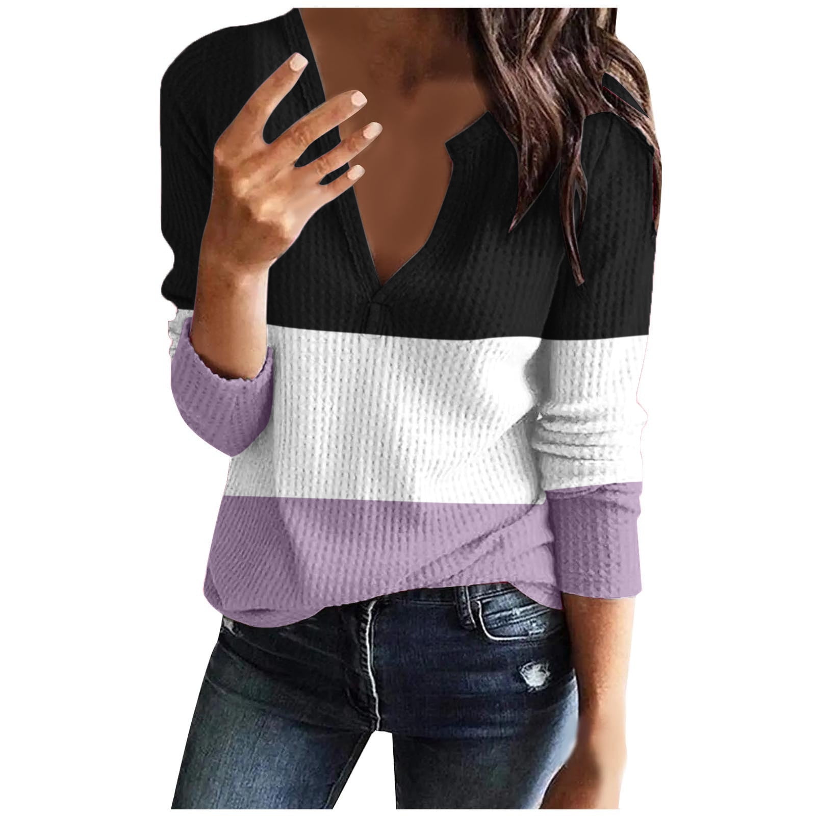 Womens Long Sleeve Tshirt V Neck Loose Fit Soft Waffle Knit Thermal