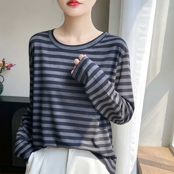 Womens Long Sleeve Tshirts Striped Printed Tops for Women Crew Neck Casual Lightweight Summer Fall T-Shirts