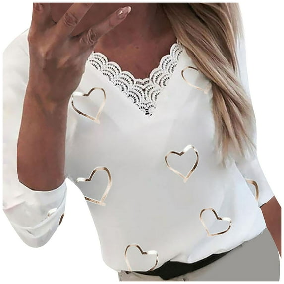 Womens Long Sleeve Tshirts Tops Lace Trim V Neck Hearts Print Tunic Tee Tops Casual Loose Comfy Sweatshirt Blouses