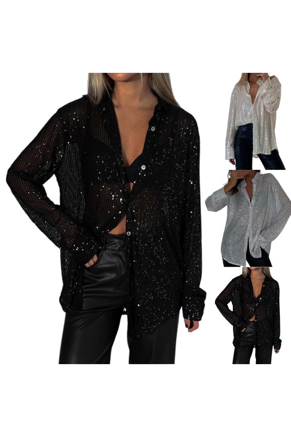 Womens Long Sleeve Tunic Shirts Casual Autumn/Winter Sequined Lapel Sexy Blouse Jacket For Tunics Trendy Clothing