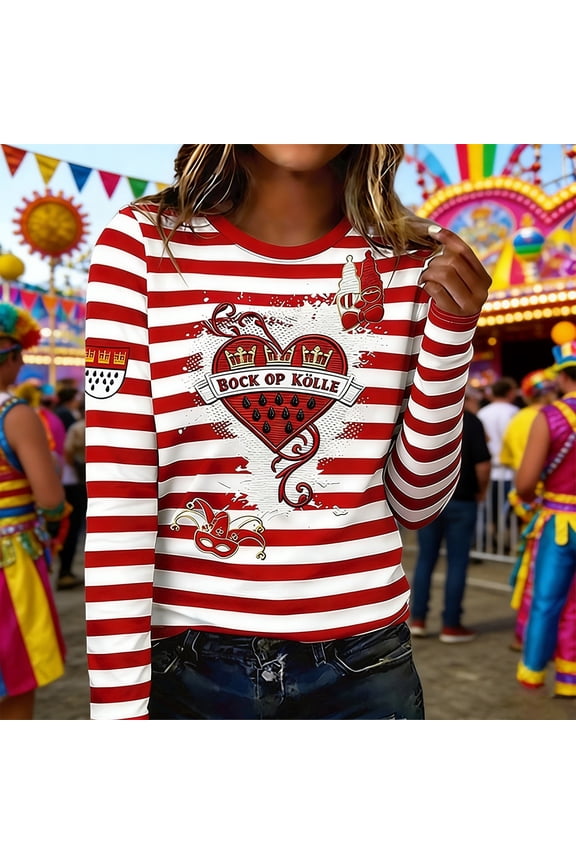 Womens Long Sleeve Tunic Top Carnival Print T Shirt Round Neck Casual Top For Festive Celebration Fashion Clothes