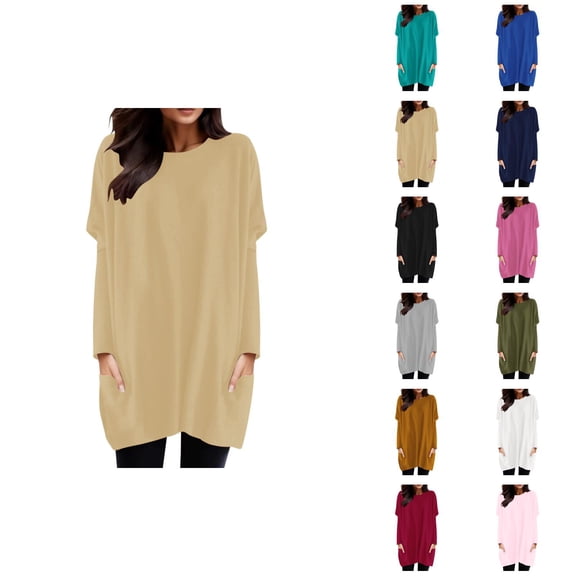 Womens Long Sleeve Tunic Tops 2026 Casual Crewneck Pullover Tops Mini Dresses with Pockets Long Tshirts