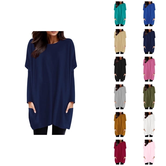 Womens Long Sleeve Tunic Tops 2026 Casual Crewneck Pullover Tops Mini Dresses with Pockets Long Tshirts