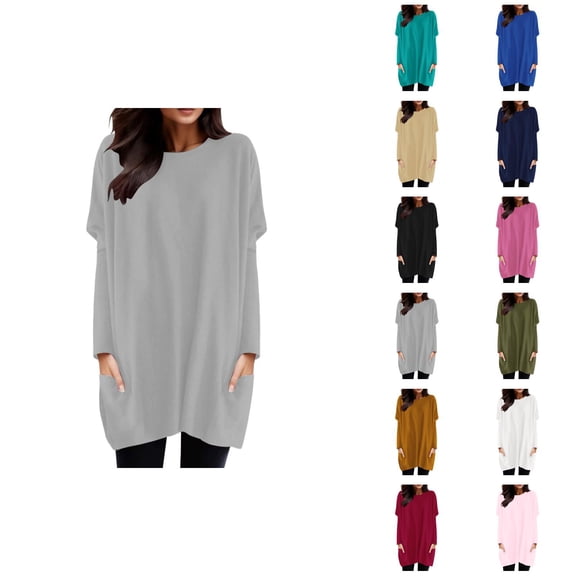 Womens Long Sleeve Tunic Tops 2026 Casual Crewneck Pullover Tops Mini Dresses with Pockets Long Tshirts