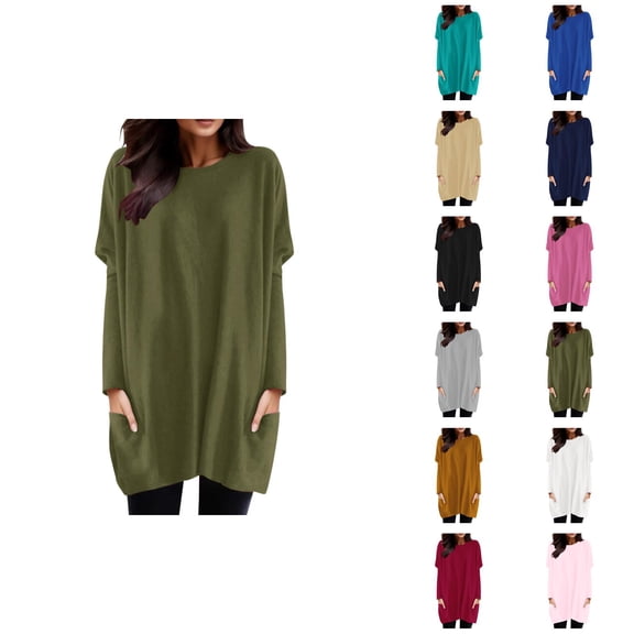 Womens Long Sleeve Tunic Tops 2026 Casual Crewneck Pullover Tops Mini Dresses with Pockets Long Tshirts
