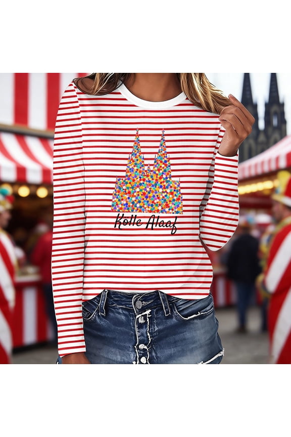 Womens Long Sleeve Tunic Tops Casual Striped Carnival T Shirt Colorful Festival Graphic Tee Top For Party Celebration Tunics Trendy Clothing