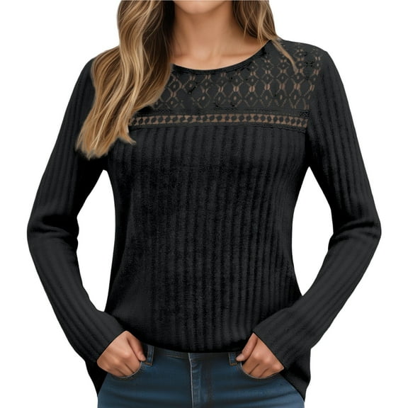 Womens Long Sleeve Tunic Tops Fall Ribbed Hollow Out Crew Neck Shirt Lace Patchwork Dressy Casual Pullover Sweater Blouses