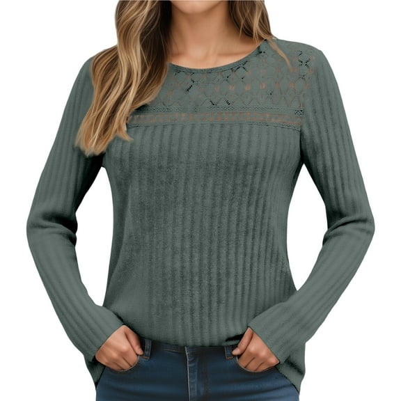 Womens Long Sleeve Tunic Tops Fall Ribbed Hollow Out Crew Neck Shirt Lace Patchwork Dressy Casual Pullover Sweater Blouses