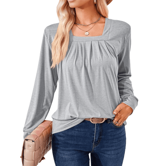 Womens Long Sleeve Tunic Tops Pleated Square Neck Casual Loose Fit Blouse Shirt Light Grey XXL