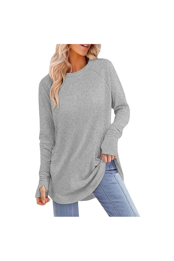 Womens Long Sleeve Tunic Tops with Thumb Holes Loose Casual Workout Crewneck T-shirts Spring Fall Raglan Tees (2XL, Gray)