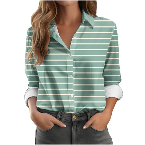 Womens Long Sleeve Turndown Collar Blouse Button Down Shirts Pinstripes Shirt Casual Oversize Blouses Tops