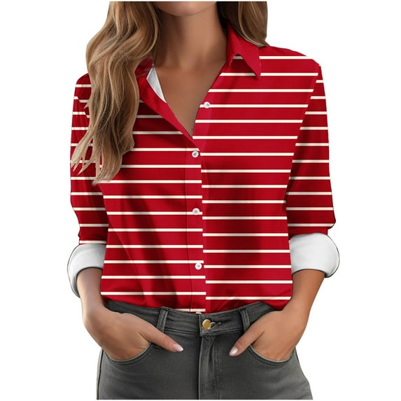Womens Long Sleeve Turndown Collar Blouse Button Down Shirts Pinstripes Shirt Casual Oversize Blouses Tops