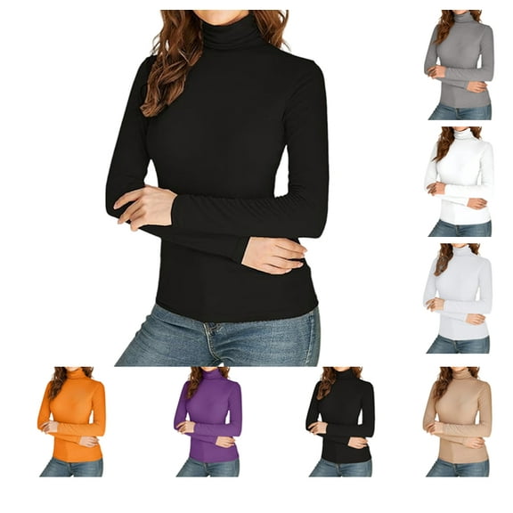 Womens Long Sleeve Turtle Neck Basic Slim Fitted Ribbed Knit Tops Thermal Shirts Black XXL