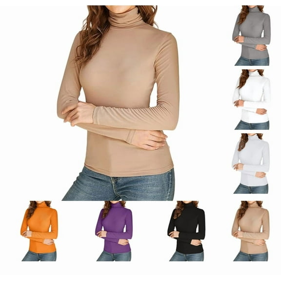 Womens Long Sleeve Turtle Neck Basic Slim Fitted Ribbed Knit Tops Thermal Shirts Camel XXL