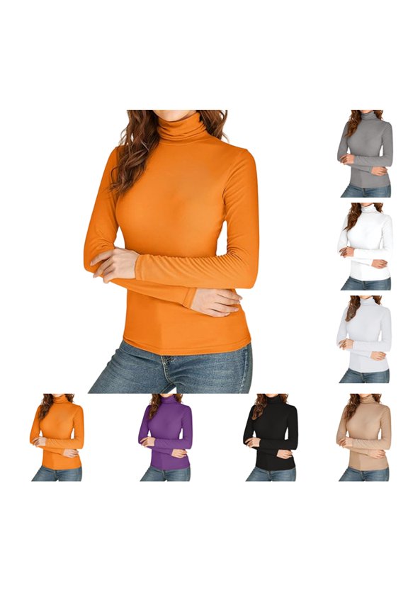 Womens Long Sleeve Turtle Neck Basic Slim Fitted Ribbed Knit Tops Thermal Shirts Orange XXL