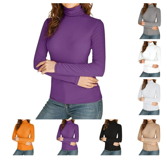 Womens Long Sleeve Turtle Neck Basic Slim Fitted Ribbed Knit Tops Thermal Shirts Purple L