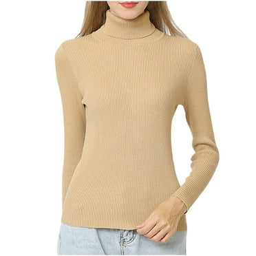 Womens Long Sleeve Turtle Neck Tops Solid Color Basic Slim Fitted Shirts Ribbed Sweater Jumpers Knit Tops (Khaki XL)