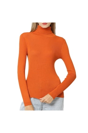 Womens Long Sleeve Turtle Neck Tops Solid Color Basic Slim Fitted Shirts Ribbed Sweater Jumpers Knit Tops (Orange M)