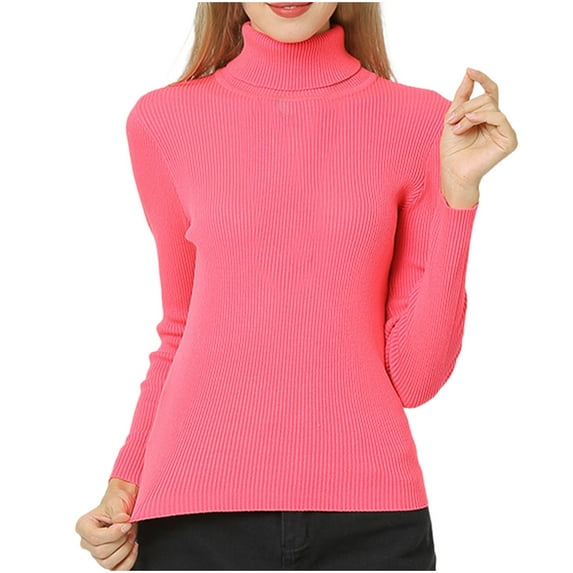 Womens Long Sleeve Turtle Neck Tops Solid Color Basic Slim Fitted Shirts Ribbed Sweater Jumpers Knit Tops (Watermelon Red XL)