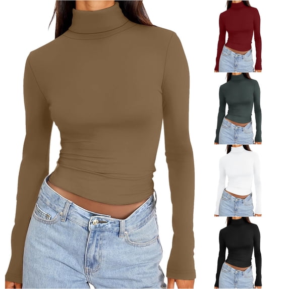 Womens Long Sleeve Turtleneck Crop Tops Basic Slim Fitted Going Out T Shirts Winter Clothes T Shirts Solid Colors Women M