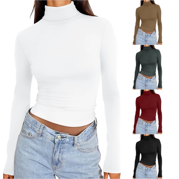Womens Long Sleeve Turtleneck Crop Tops Basic Slim Fitted Going Out T Shirts Winter Clothes T Shirts Solid Colors Women M