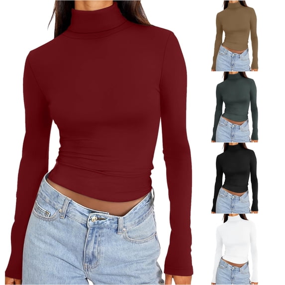 Womens Long Sleeve Turtleneck Crop Tops Basic Slim Fitted Going Out T Shirts Winter Clothes T Shirts Solid Colors Women S