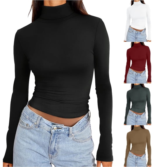 Womens Long Sleeve Turtleneck Crop Tops Basic Slim Fitted Going Out T Shirts Winter Clothes T Shirts Solid Colors Women XL