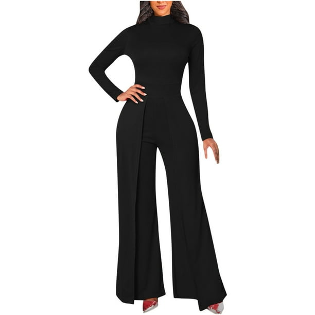 Womens Long Sleeve Turtleneck Jumpsuit for Casual Work Elegant Solid Color Loose Wide Leg Pants Cocktail Rompers Walmart Business Supplies