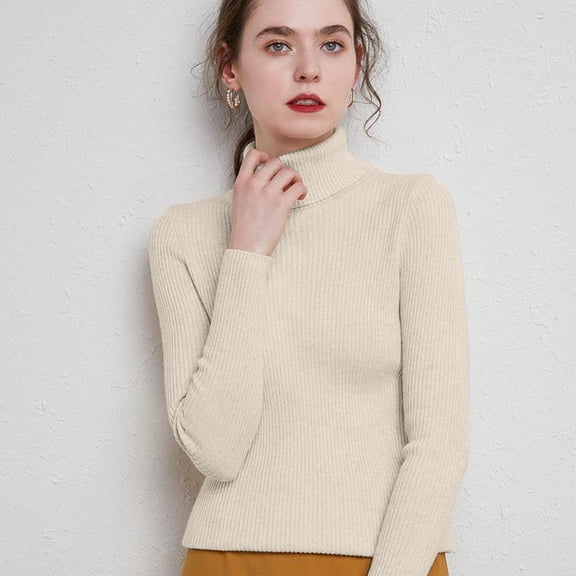 Womens Long Sleeve Turtleneck Pullover Sweater Ribbed Knit Beige Sweaters Warm Womens Christmas Clothes