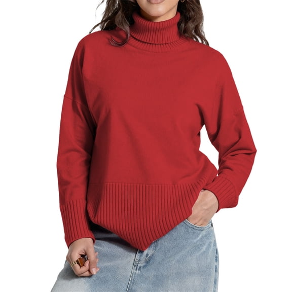 Womens Long Sleeve Turtleneck Pullover Top Sweater Oversized Loose Red Sweater Warm Winter Work Clothes for Women