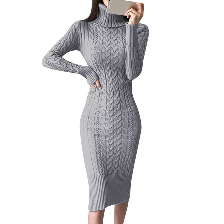 Womens Long Sleeve Turtleneck Sweater Dresses Knitted Bodycon Midi