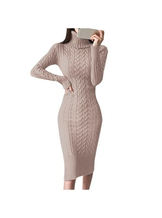 MRULIC dresses for women 2022 Women's Dress Ladies Autumn Winter Knit  Turtleneck Long Sleeves Solid Color Slim Plush Sweater Dress Women's Casual