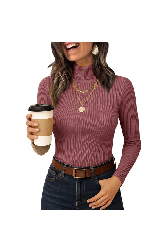 Womens Long Sleeve Turtleneck Sweaters Ribbed Knit Pullover Tops Slim Fit Basic Casual Comfort Soft Outfits Watermelon Red XL