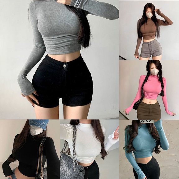 Womens Long Sleeve Turtleneck T Shirt Ribbed Tight Knit Sexy Slim Fit Crop Tops Black L YIWEI