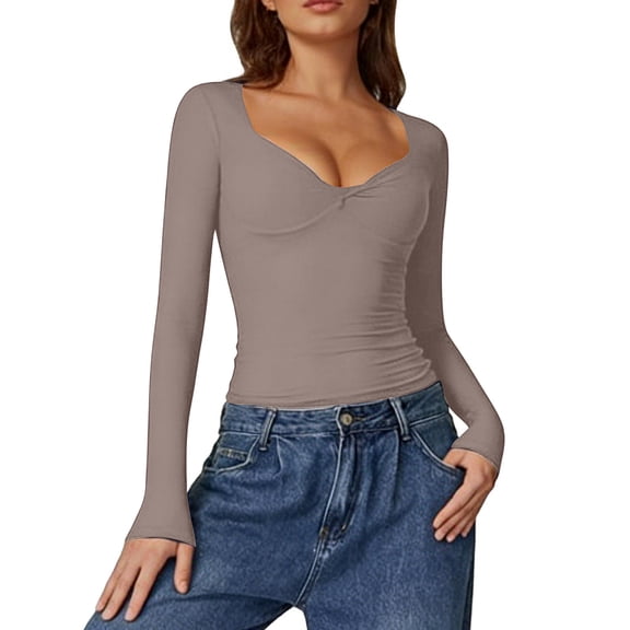 Womens Long Sleeve Twist Front V-Neck T-Shirts Double Lined Slim Fit Top Trendy Tee