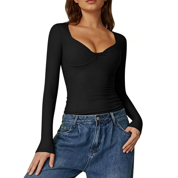 Womens Long Sleeve Twist Front V-Neck T-Shirts Double Lined Slim Fit Top Trendy Tee
