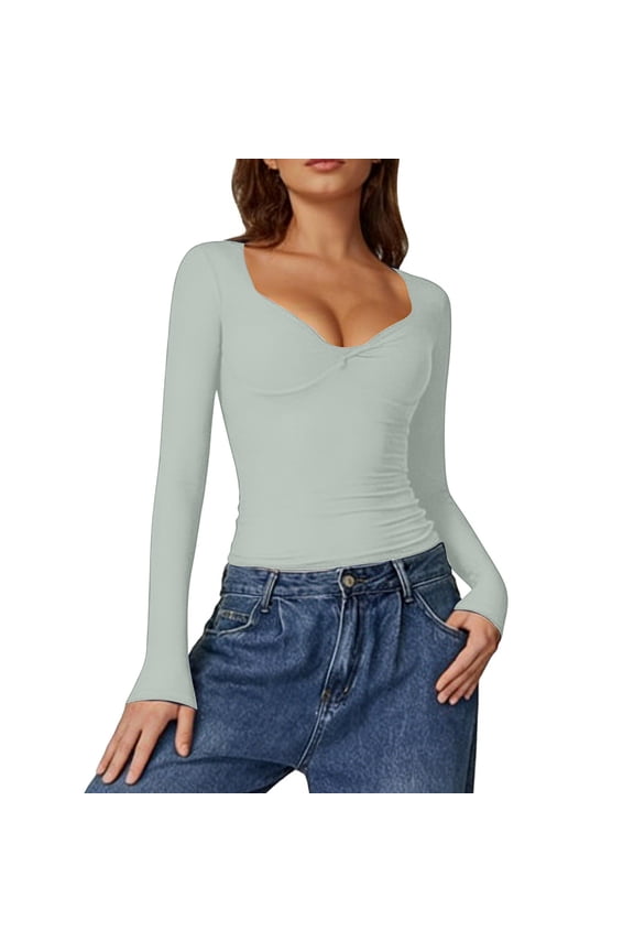 Womens Long Sleeve Twist Front V-Neck T-Shirts Double Lined Slim Fit Top Trendy Tee
