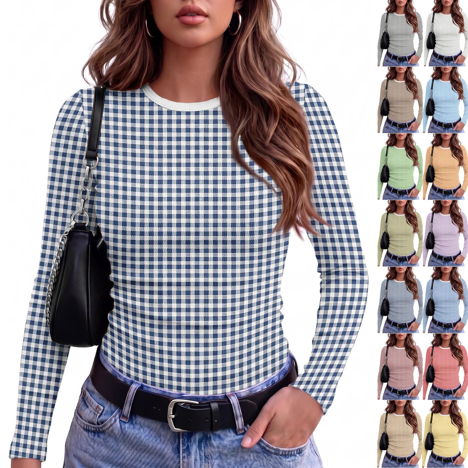 Womens Long Sleeve Underscrubs Slim Fit Plaid Crewneck Going Out Tops ...