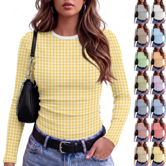 Womens Long Sleeve Underscrubs Slim Fit Plaid Crewneck Going Out Tops ...