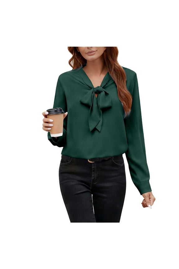 Womens Long Sleeve V-Neck Blouse with Bow Accent in Army Green, Flowy Draped Top for Business Casual and Office Wear,Size L
