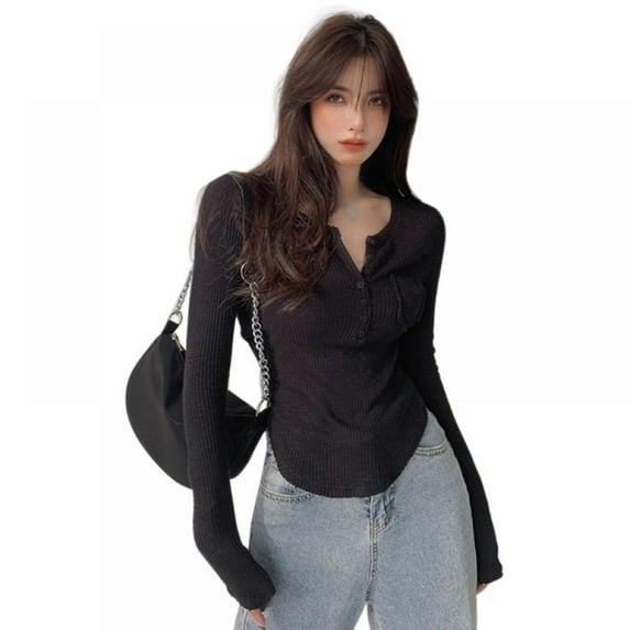 Womens Long Sleeve V-Neck Button Casual Tops Blouse T Shirt
