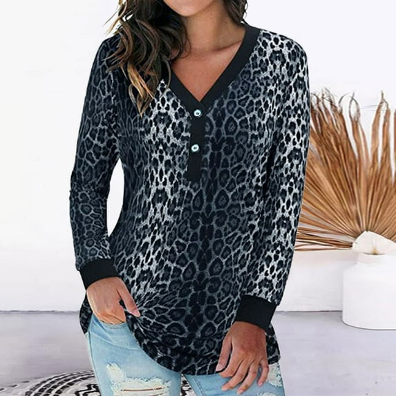 Womens Long Sleeve V Neck Button Henley Camo Leopard Tops Casual Loose Tunic Blouse T Shirt
