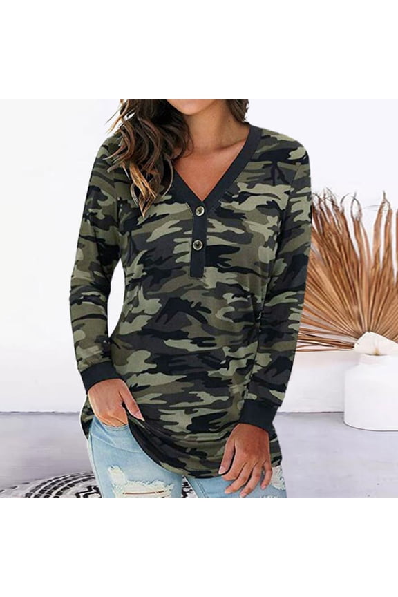 Womens Long Sleeve V Neck Button Henley Camo Leopard Tops Casual Loose Tunic Blouse T Shirt