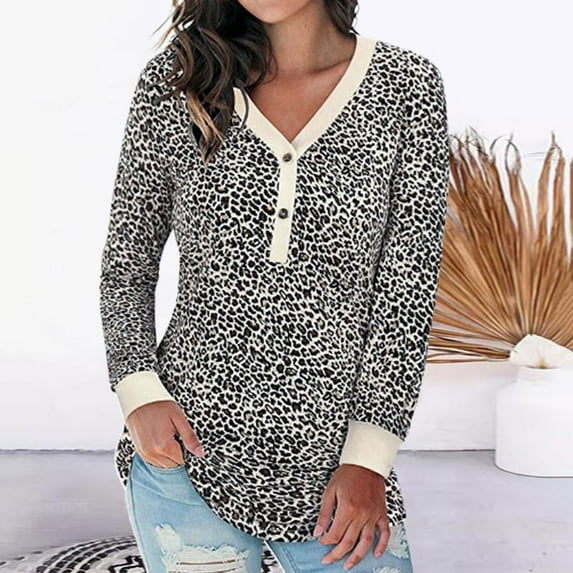 Womens Long Sleeve V Neck Button Henley Camo Leopard Tops Casual Loose Tunic Blouse T Shirt