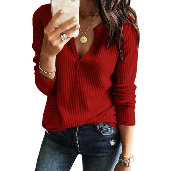 Womens Long Sleeve V Neck Casual Henley Sweater Tops