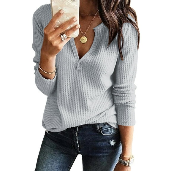 Womens Long Sleeve V Neck Casual Henley Sweater Tops
