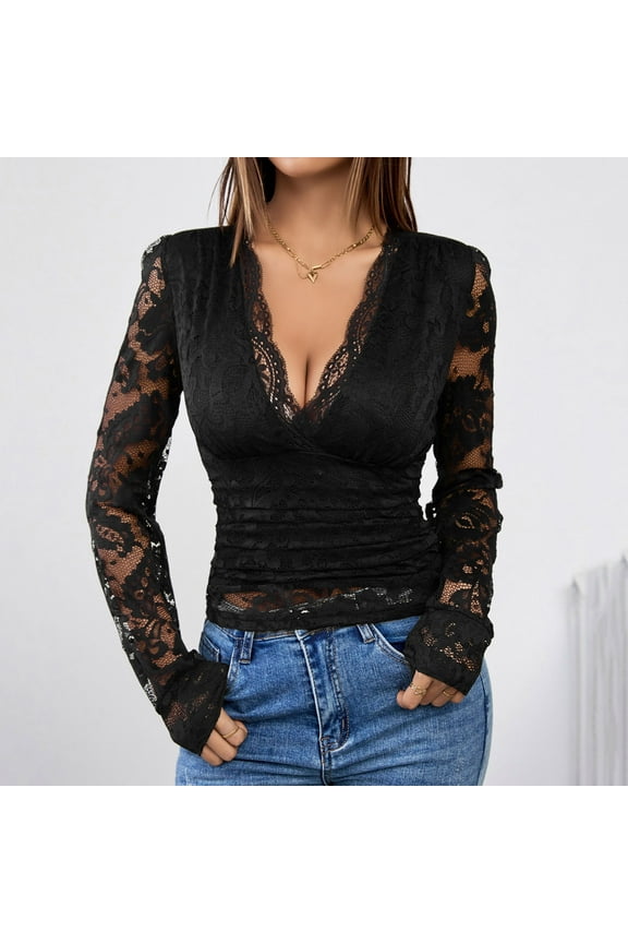 Womens Long Sleeve V Neck Lace Blouse Sexy Slim Fit Sheer Mesh Patchwork Tops Solid Color Elegant Shirt Fashion Casual Tunic Lightweight Top for Party Club Office Daily Wear