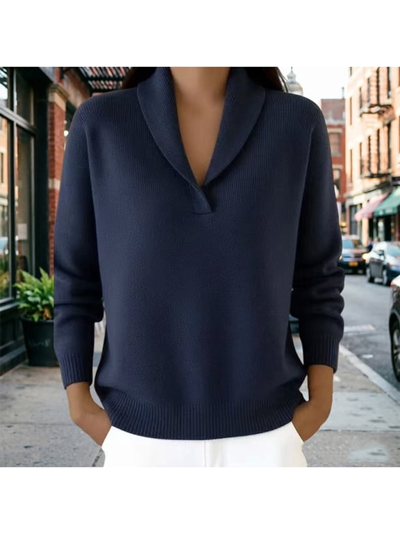 Womens Long Sleeve V Neck Pullover Collar Knitted Sweaters Shawl Lapel V Neck Long Sleeve Loose Ribbed Soft Warm Casual Fall Winter Pullover Knit Tops(Navy,XXL)