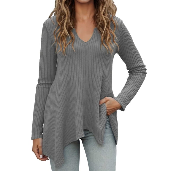 Womens Long Sleeve V Neck Pullover Top Sweater Fitted Womens Grey Sweater Soft Fuzzy Sweater for Women