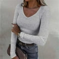 thumbnail image 1 of Womens Long Sleeve V Neck Ribbed Knit Casual Tops Tee Slim Basic Shirt, 1 of 4